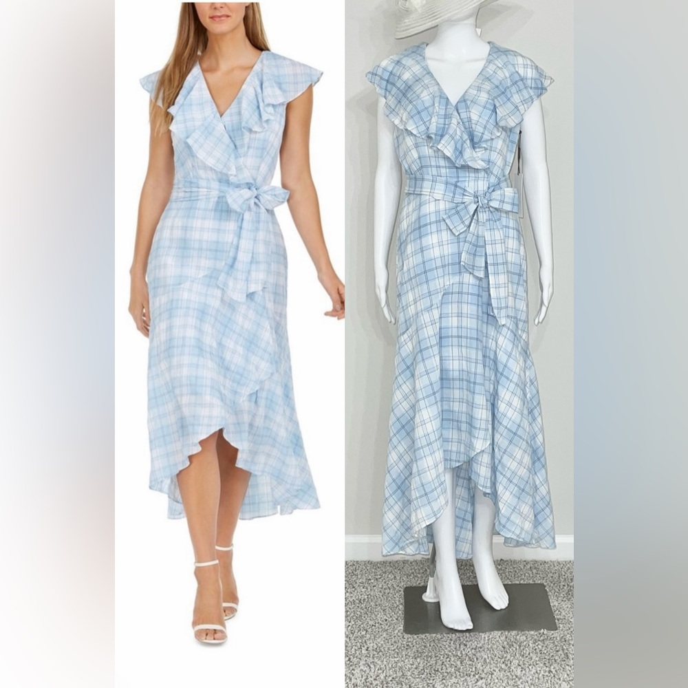 NWOT Calvin Klein Blue Plaid High Low Belted Dress Ruffle Collar Size 2 Bust 36
